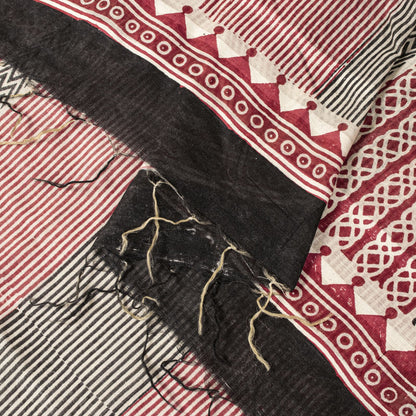 Sanskriti Vintage Red-Black Dupatta Stole Geometric Hand Block Printed Veil