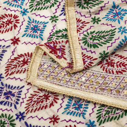 Sanskriti Vintage White Soft Art Silk Dupatta Stole Handembroidery Phulkari Veil