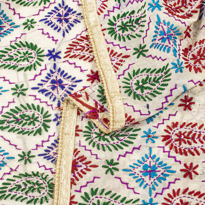 Sanskriti Vintage White Soft Art Silk Dupatta Stole Handembroidery Phulkari Veil