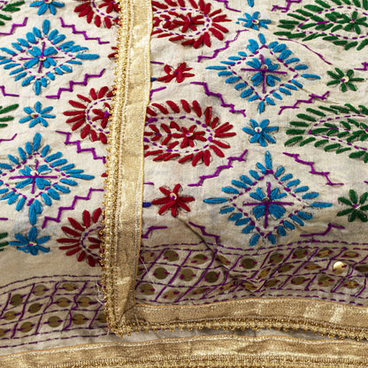 Sanskriti Vintage White Soft Art Silk Dupatta Stole Handembroidery Phulkari Veil