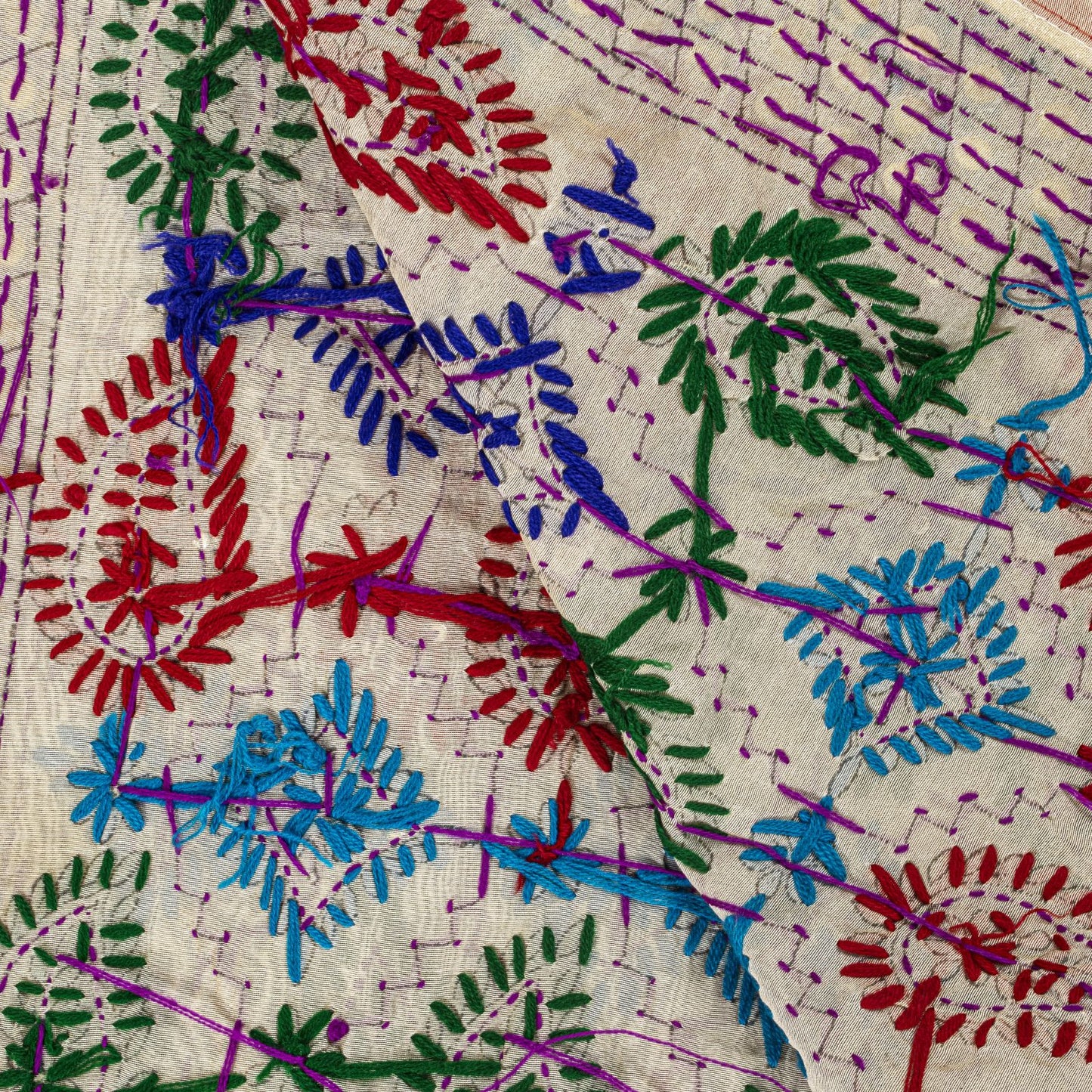 Sanskriti Vintage White Soft Art Silk Dupatta Stole Handembroidery Phulkari Veil
