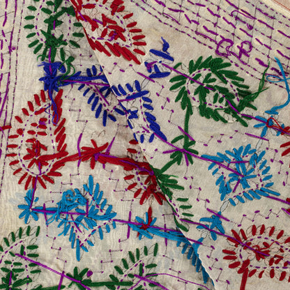 Sanskriti Vintage White Soft Art Silk Dupatta Stole Handembroidery Phulkari Veil