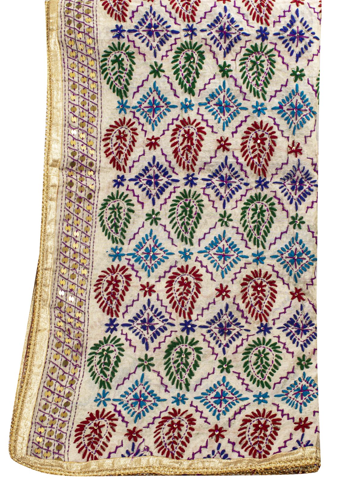 Sanskriti Vintage White Soft Art Silk Dupatta Stole Handembroidery Phulkari Veil