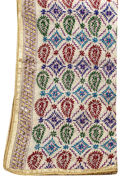 Sanskriti Vintage White Soft Art Silk Dupatta Stole Handembroidery Phulkari Veil