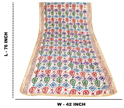Sanskriti Vintage White Soft Art Silk Dupatta Stole Handembroidery Phulkari Veil