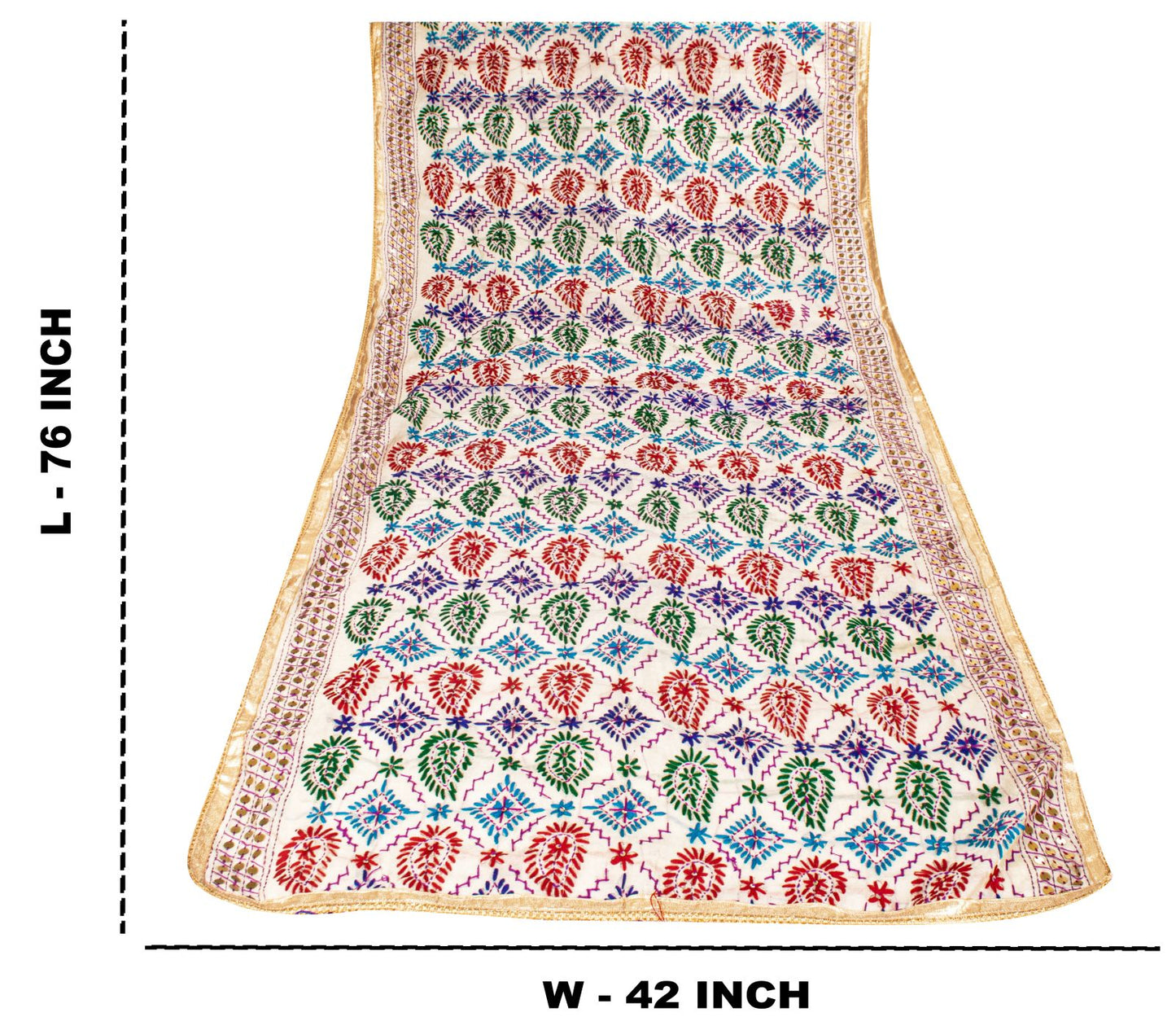 Sanskriti Vintage White Soft Art Silk Dupatta Stole Handembroidery Phulkari Veil