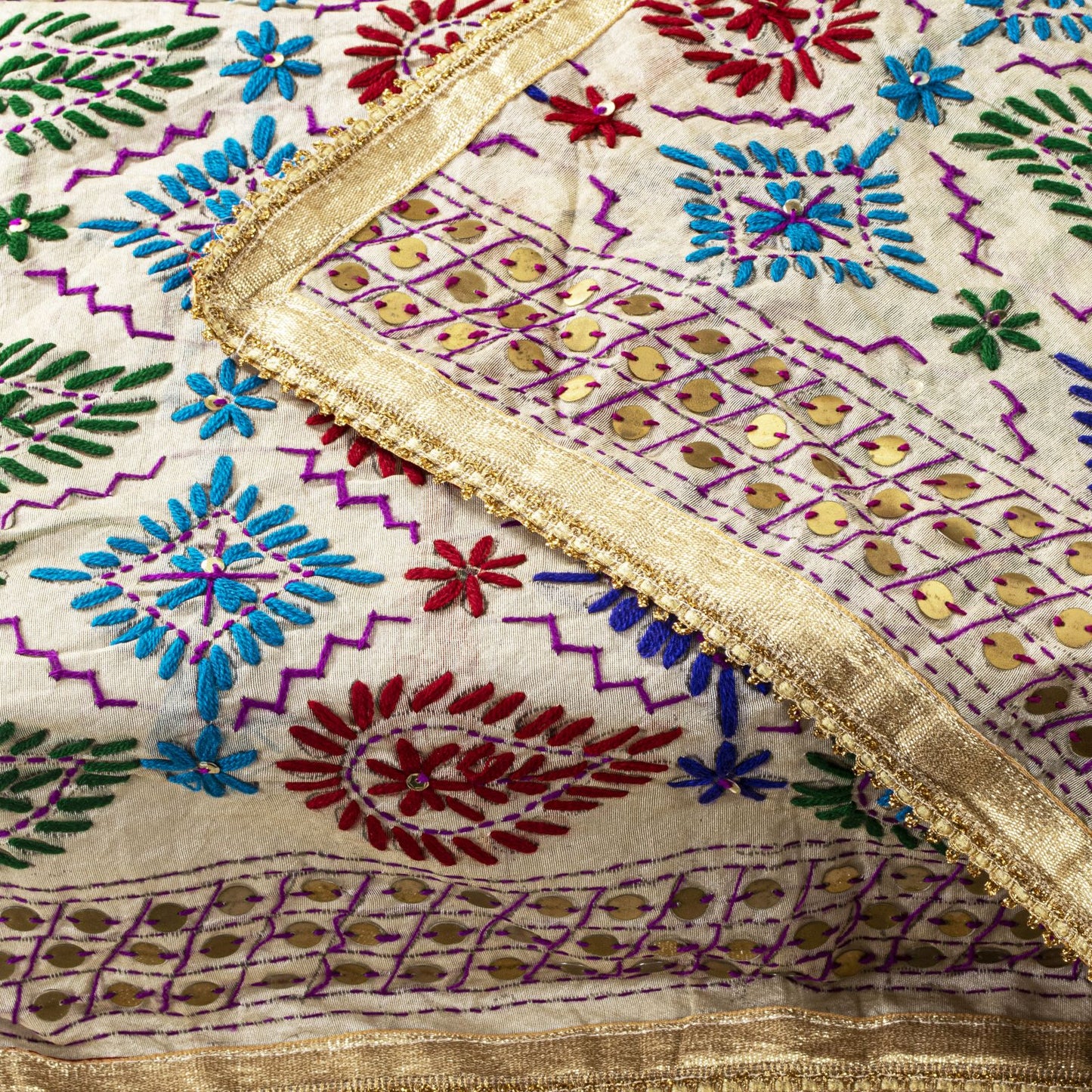 Sanskriti Vintage White Soft Art Silk Dupatta Stole Handembroidery Phulkari Veil