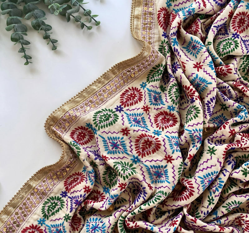 Sanskriti Vintage White Soft Art Silk Dupatta Stole Handembroidery Phulkari Veil