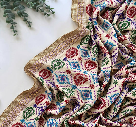 Sanskriti Vintage White Soft Art Silk Dupatta Stole Handembroidery Phulkari Veil