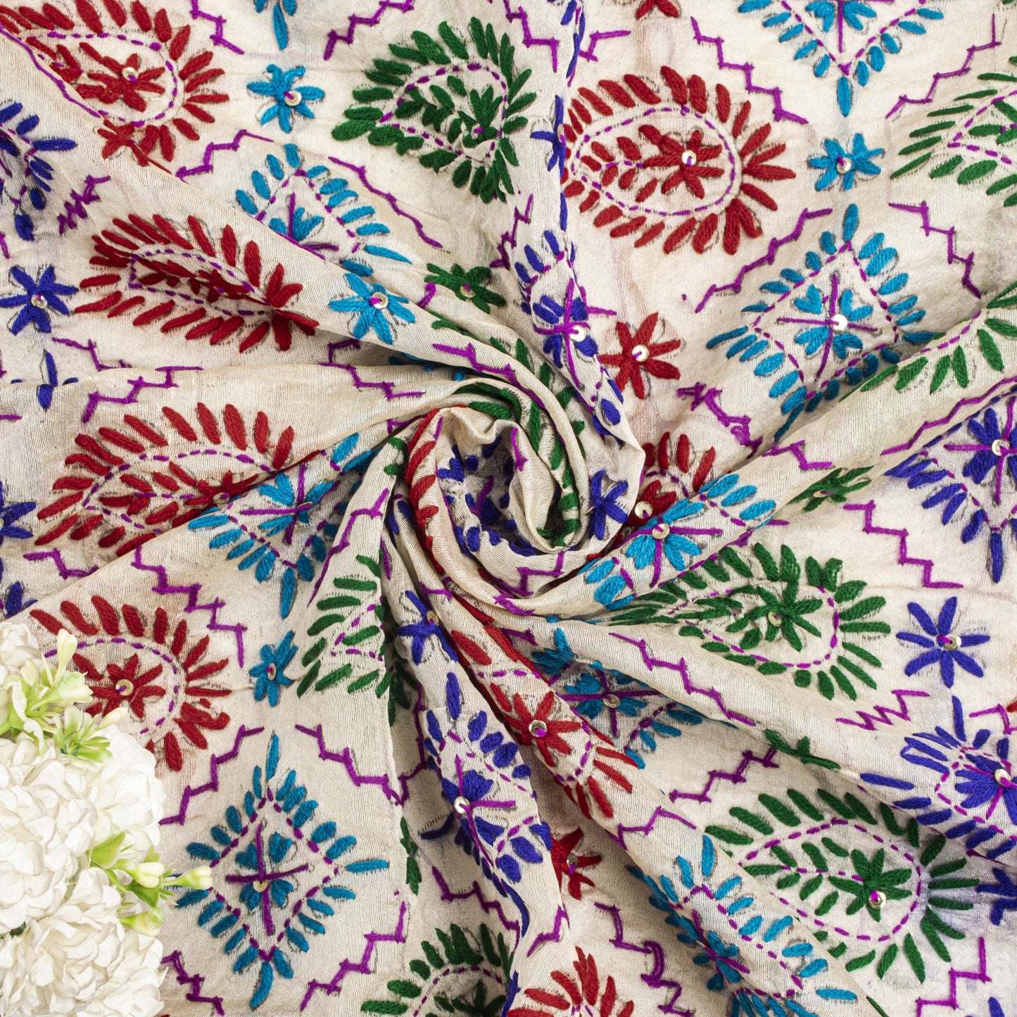 Sanskriti Vintage White Soft Art Silk Dupatta Stole Handembroidery Phulkari Veil