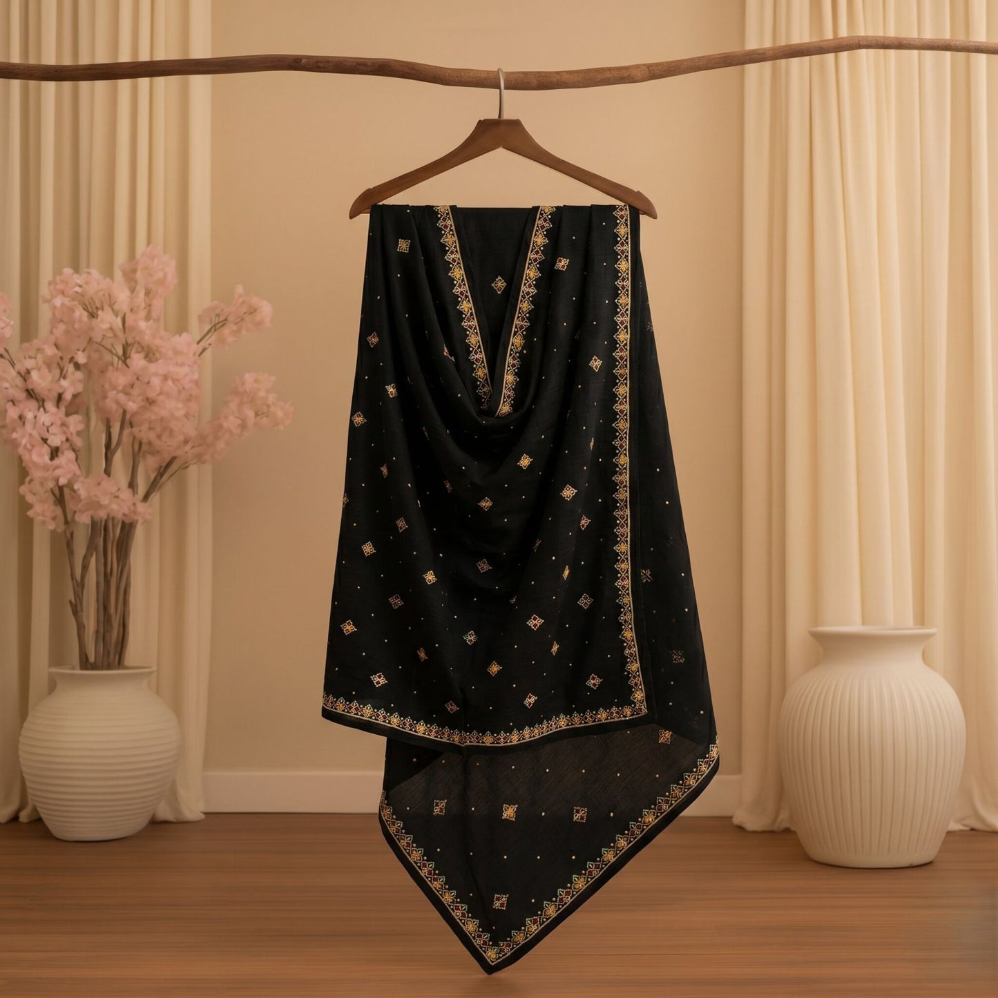 Sanskriti Vintage Black Soft Pure Chiffon Dupatta Stole Embroidered Sequins Veil