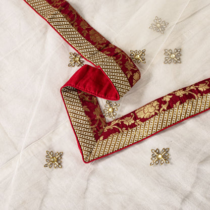 Sanskriti Vintage White Net Dupatta Stole Hand Embroidered Zardozi Dabka Veil