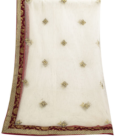 Sanskriti Vintage White Net Dupatta Stole Hand Embroidered Zardozi Dabka Veil