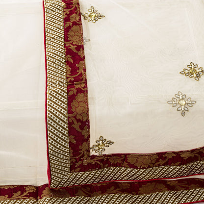 Sanskriti Vintage White Net Dupatta Stole Hand Embroidered Zardozi Dabka Veil