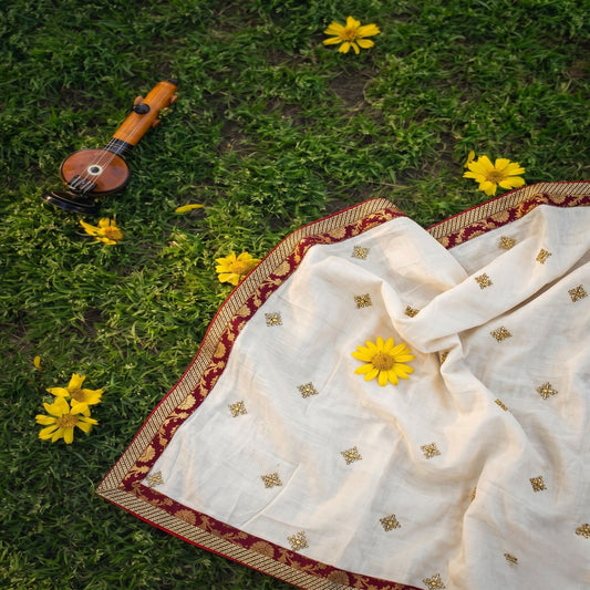 Sanskriti Vintage White Net Dupatta Stole Hand Embroidered Zardozi Dabka Veil