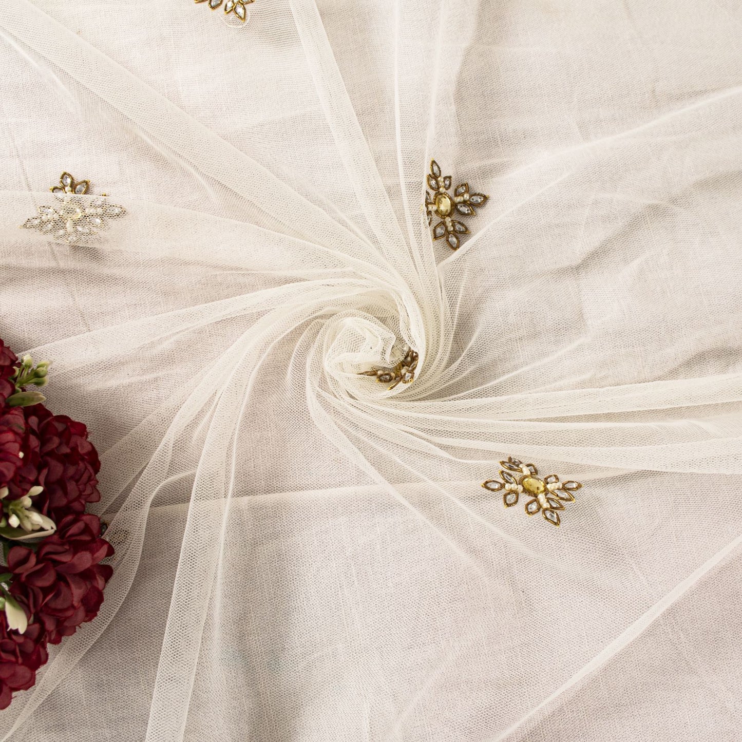 Sanskriti Vintage White Net Dupatta Stole Hand Embroidered Zardozi Dabka Veil