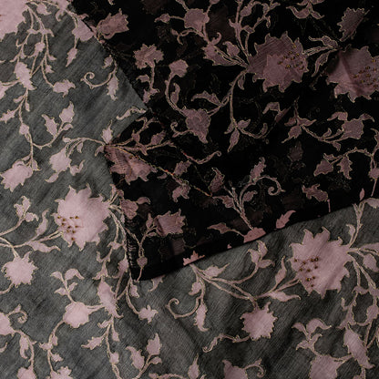 Sanskriti Vintage Soft Black Pure Chiffon Silk Dupatta Stole Hand Beaded-Printed