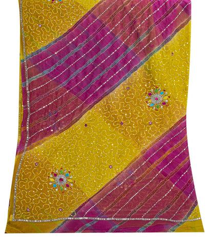 Sanskriti Vintage Yellow-Pink Pure Georgette Dupatta Stole Hand Beaded Wrap Veil