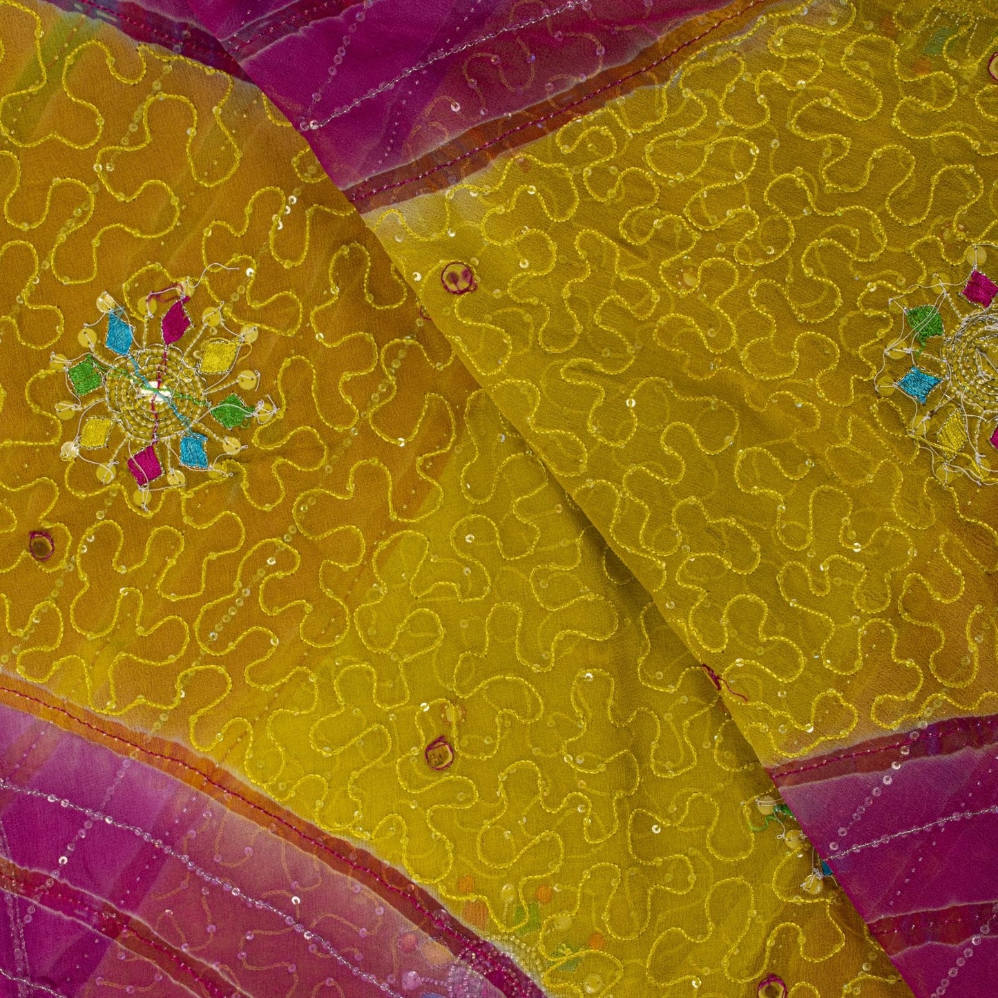 Sanskriti Vintage Yellow-Pink Pure Georgette Dupatta Stole Hand Beaded Wrap Veil
