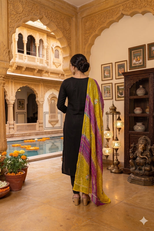 Sanskriti Vintage Yellow-Pink Pure Georgette Dupatta Stole Hand Beaded Wrap Veil