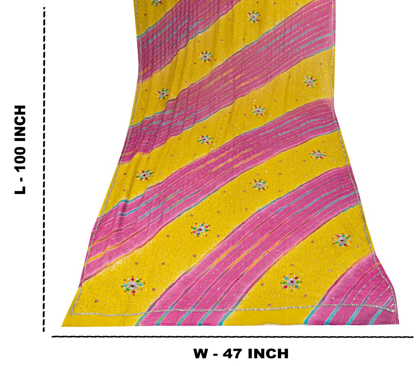 Sanskriti Vintage Yellow-Pink Pure Georgette Dupatta Stole Hand Beaded Wrap Veil