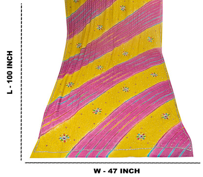Sanskriti Vintage Yellow-Pink Pure Georgette Dupatta Stole Hand Beaded Wrap Veil