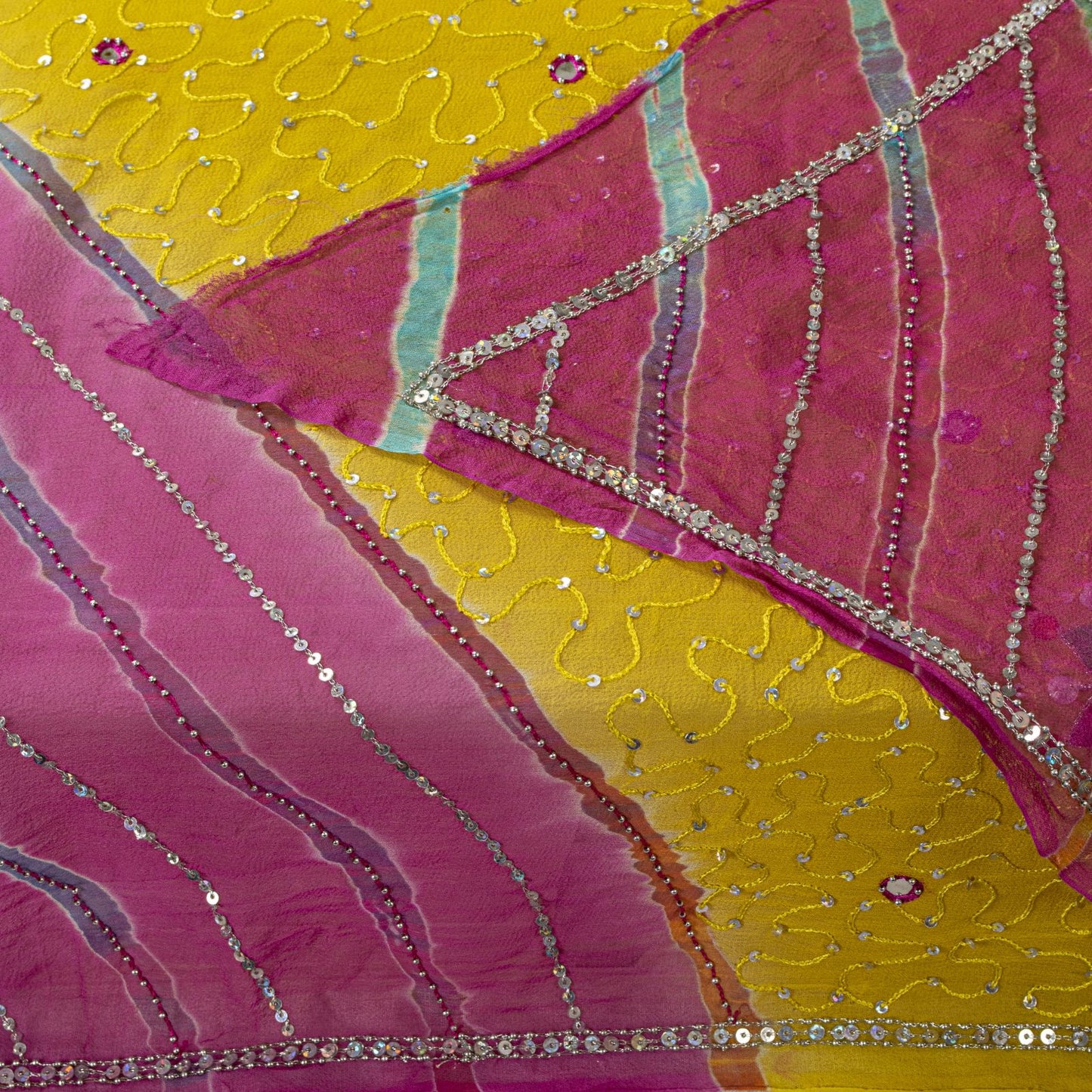 Sanskriti Vintage Yellow-Pink Pure Georgette Dupatta Stole Hand Beaded Wrap Veil