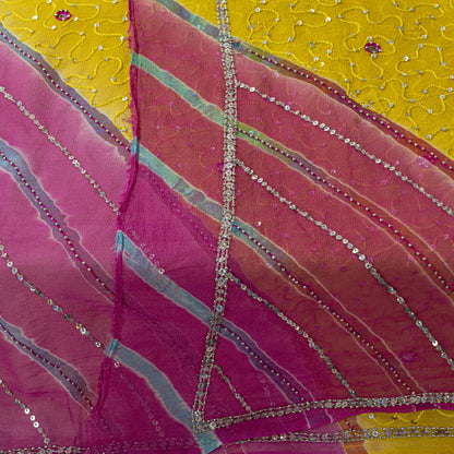 Sanskriti Vintage Yellow-Pink Pure Georgette Dupatta Stole Hand Beaded Wrap Veil