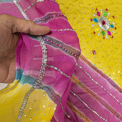 Sanskriti Vintage Yellow-Pink Pure Georgette Dupatta Stole Hand Beaded Wrap Veil