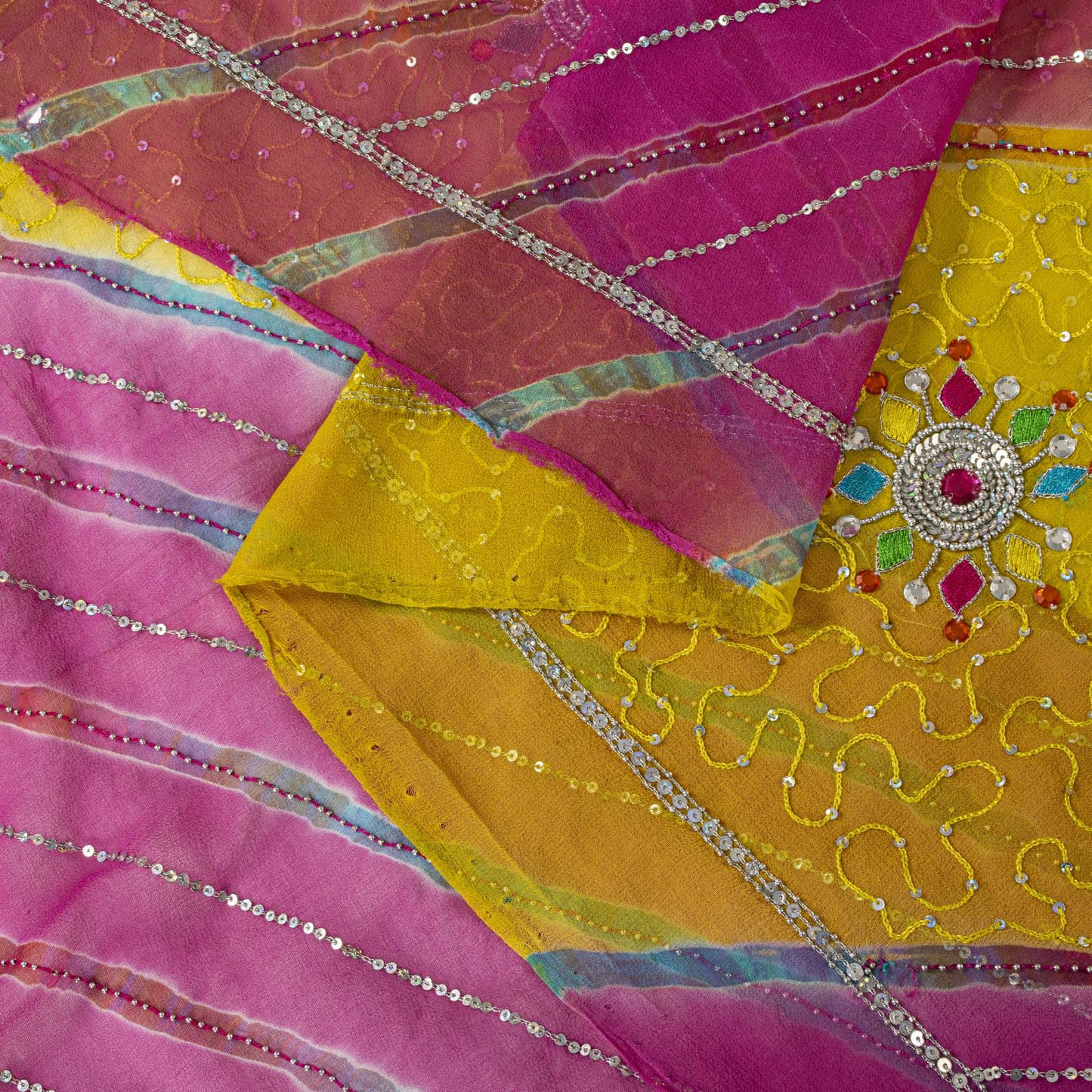 Sanskriti Vintage Yellow-Pink Pure Georgette Dupatta Stole Hand Beaded Wrap Veil