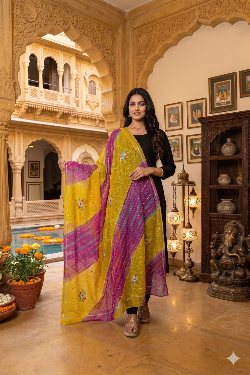 Sanskriti Vintage Yellow-Pink Pure Georgette Dupatta Stole Hand Beaded Wrap Veil