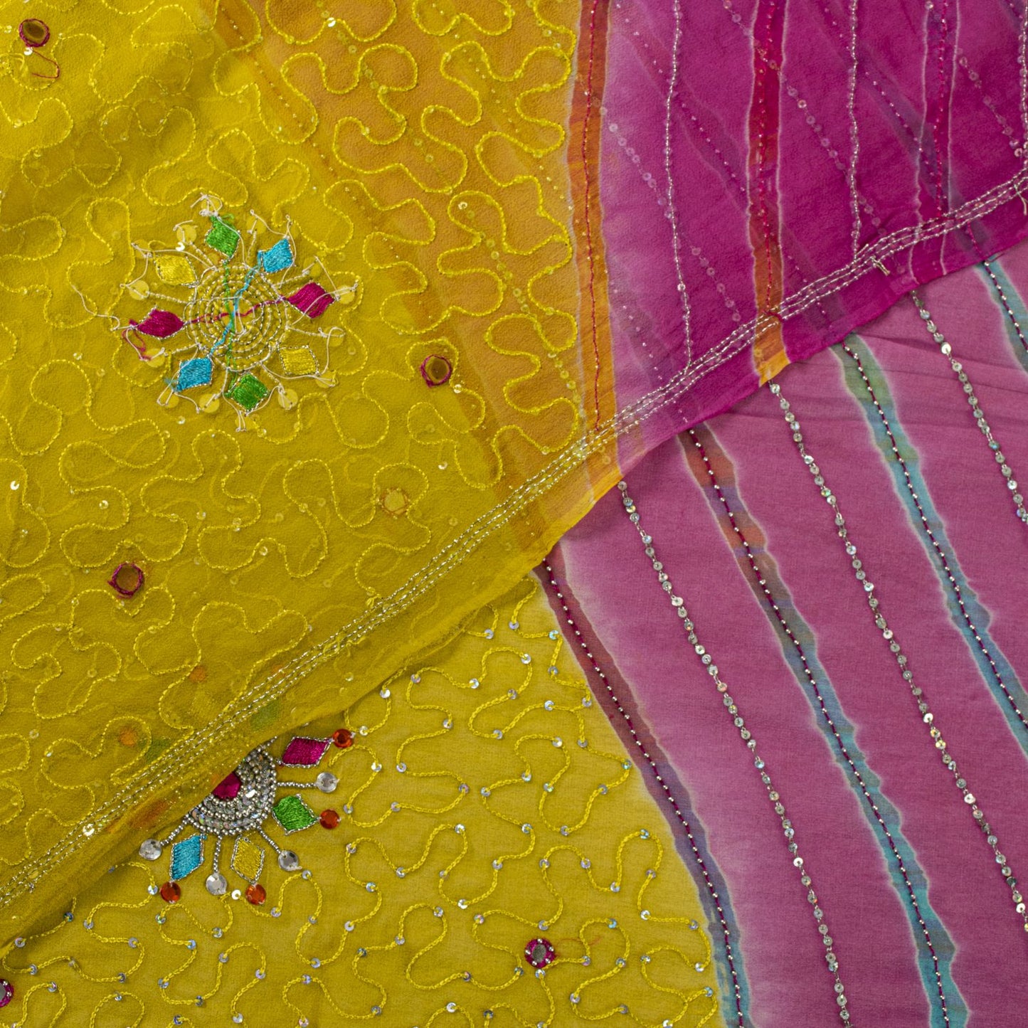 Sanskriti Vintage Yellow-Pink Pure Georgette Dupatta Stole Hand Beaded Wrap Veil