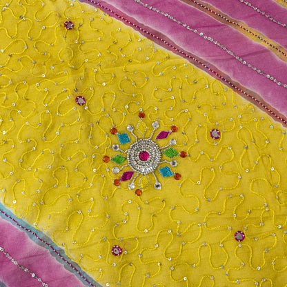 Sanskriti Vintage Yellow-Pink Pure Georgette Dupatta Stole Hand Beaded Wrap Veil