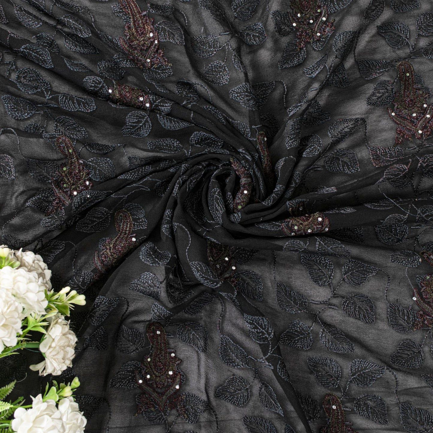 Sanskriti Vintage Black Pure Georgette Silk Dupatta Stole Embroidered Wrap Veil