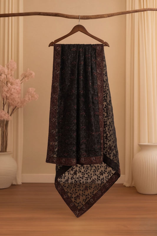 Sanskriti Vintage Black Pure Georgette Silk Dupatta Stole Embroidered Wrap Veil