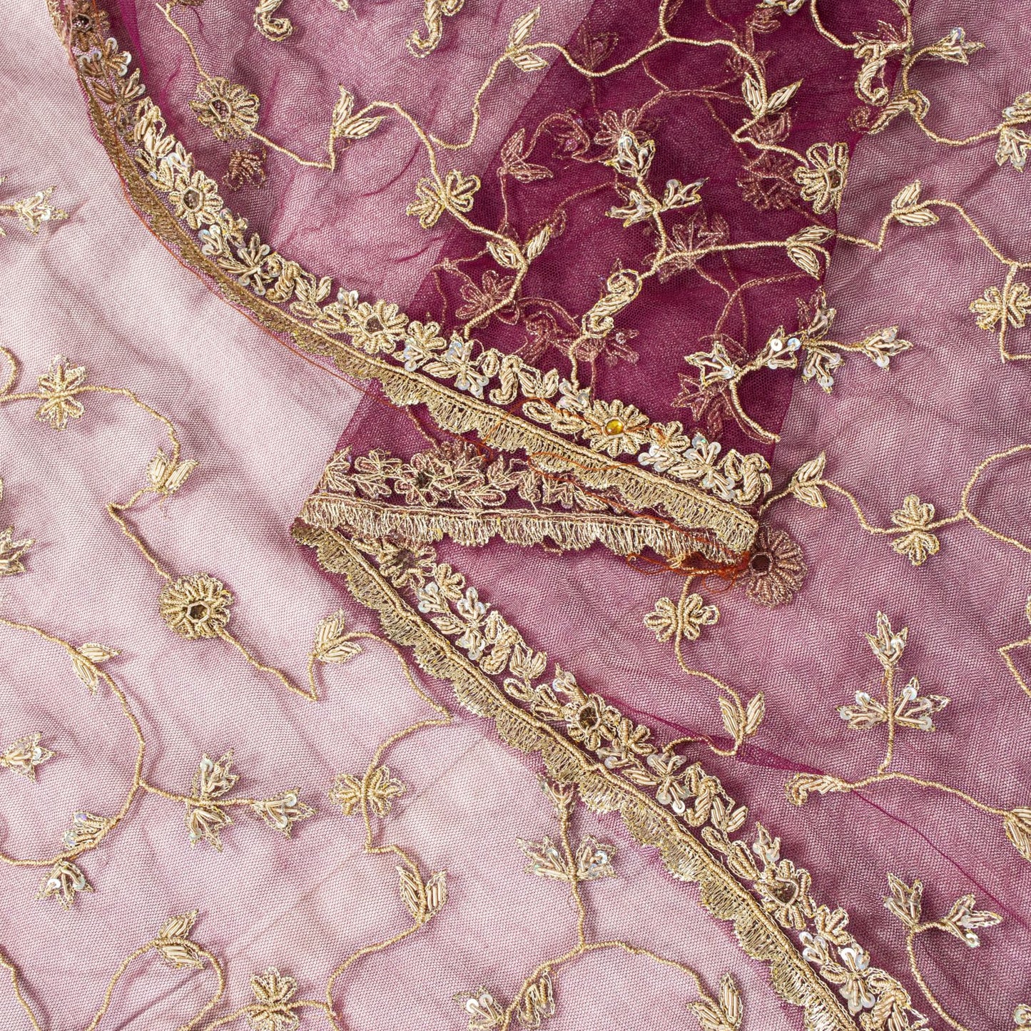 Sanskriti Vintage Purple Net Dupatta Stole Hand Embroidered Zari Zardozi Veil