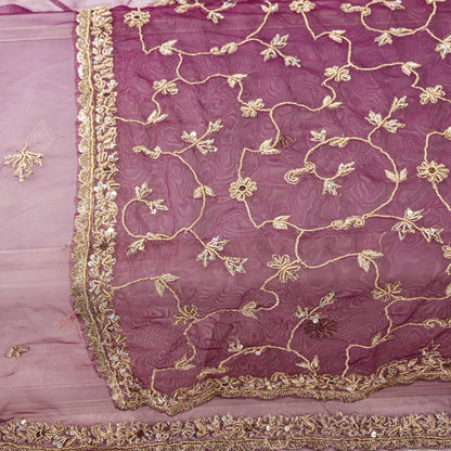 Sanskriti Vintage Purple Net Dupatta Stole Hand Embroidered Zari Zardozi Veil