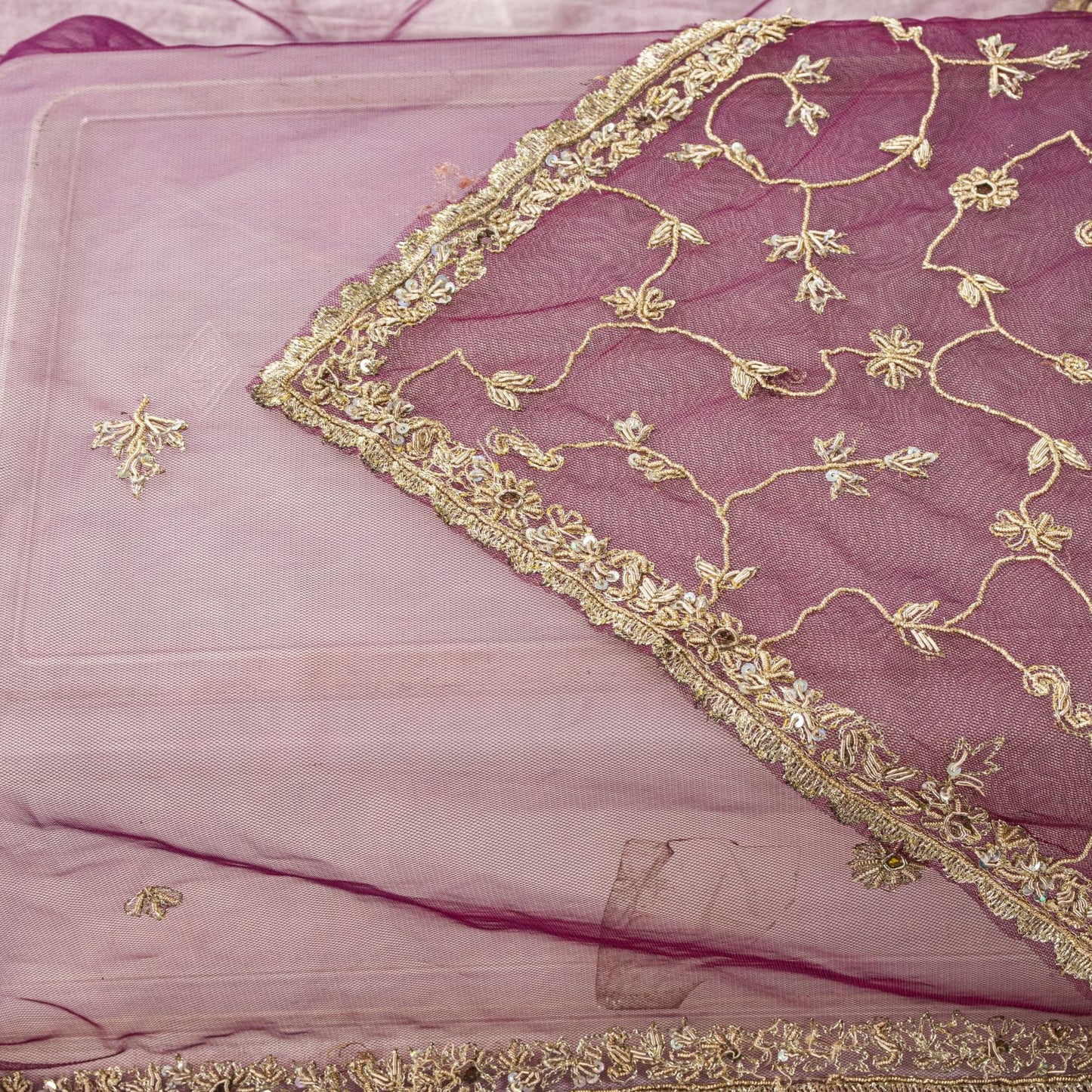 Sanskriti Vintage Purple Net Dupatta Stole Hand Embroidered Zari Zardozi Veil