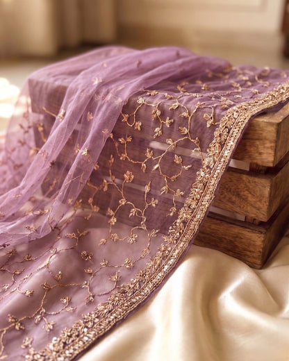Sanskriti Vintage Purple Net Dupatta Stole Hand Embroidered Zari Zardozi Veil
