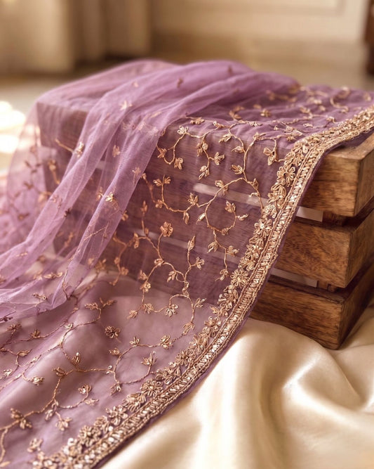 Sanskriti Vintage Purple Net Dupatta Stole Hand Embroidered Zari Zardozi Veil
