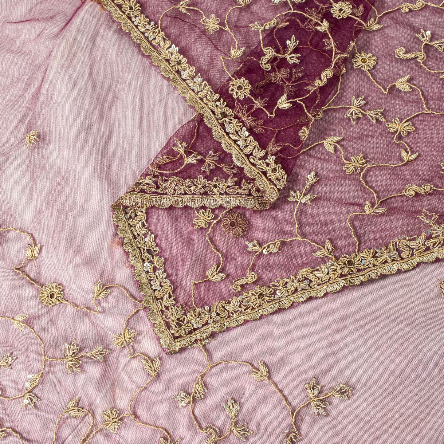 Sanskriti Vintage Purple Net Dupatta Stole Hand Embroidered Zari Zardozi Veil