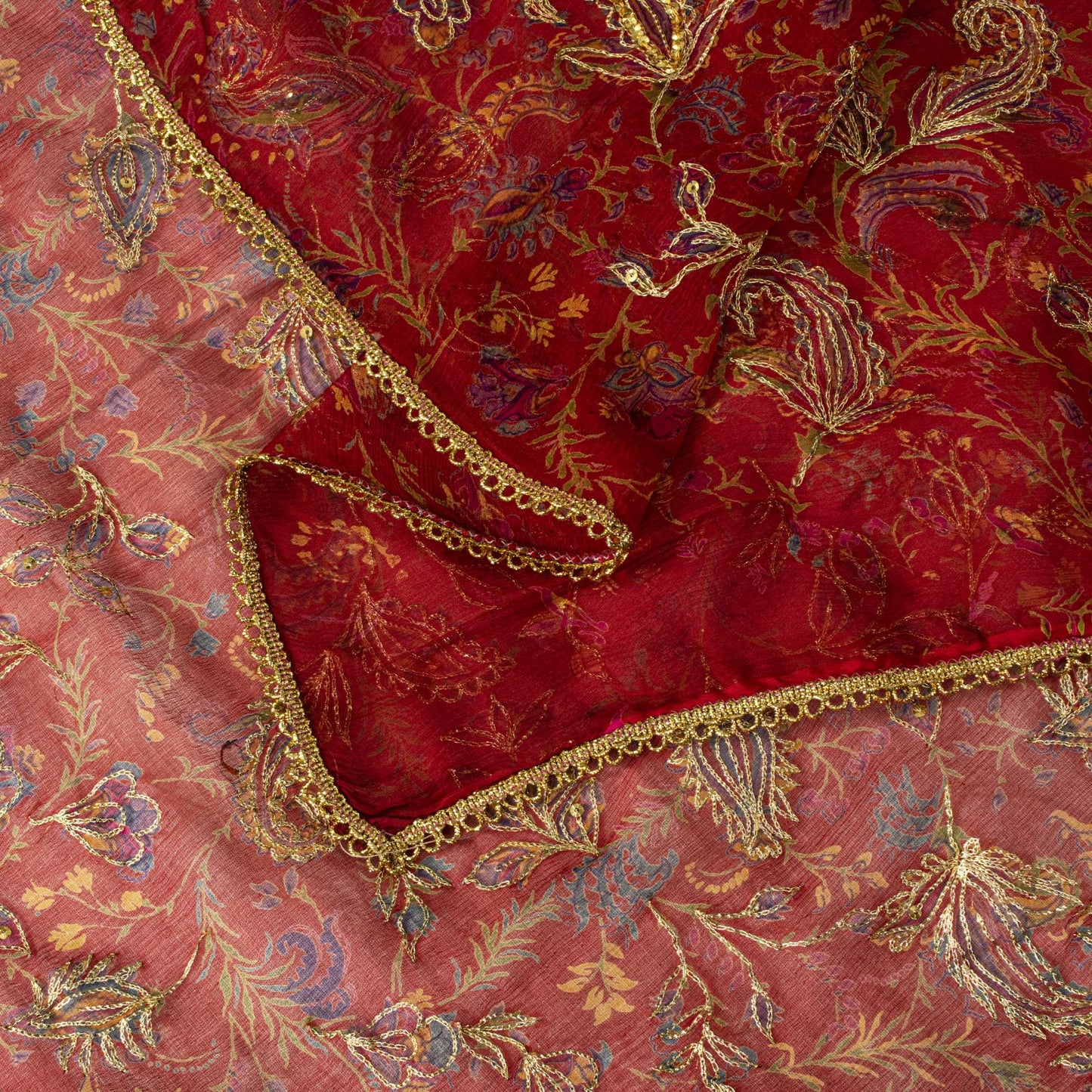 Sanskriti Vintage Red Pure Chiffon Silk Dupatta Stole Embroidered Zari Sequins