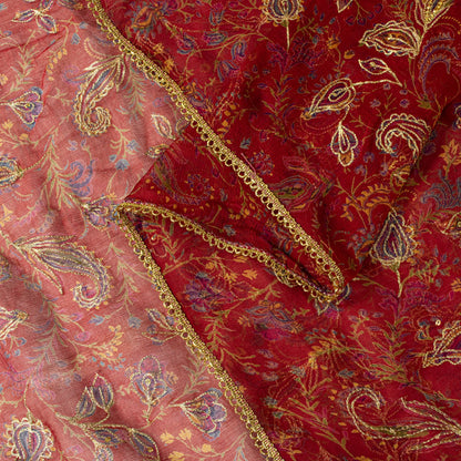 Sanskriti Vintage Red Pure Chiffon Silk Dupatta Stole Embroidered Zari Sequins