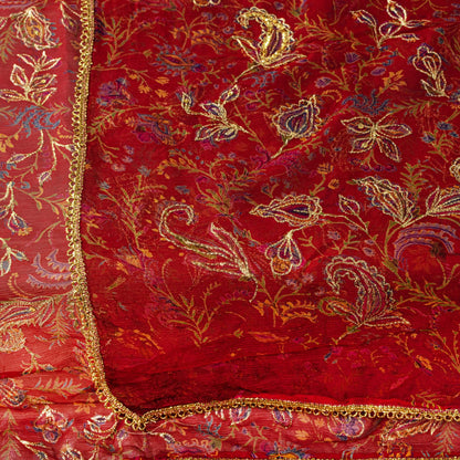Sanskriti Vintage Red Pure Chiffon Silk Dupatta Stole Embroidered Zari Sequins
