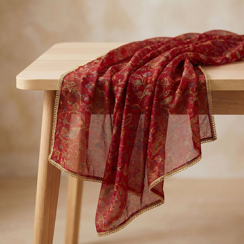 Sanskriti Vintage Red Pure Chiffon Silk Dupatta Stole Embroidered Zari Sequins
