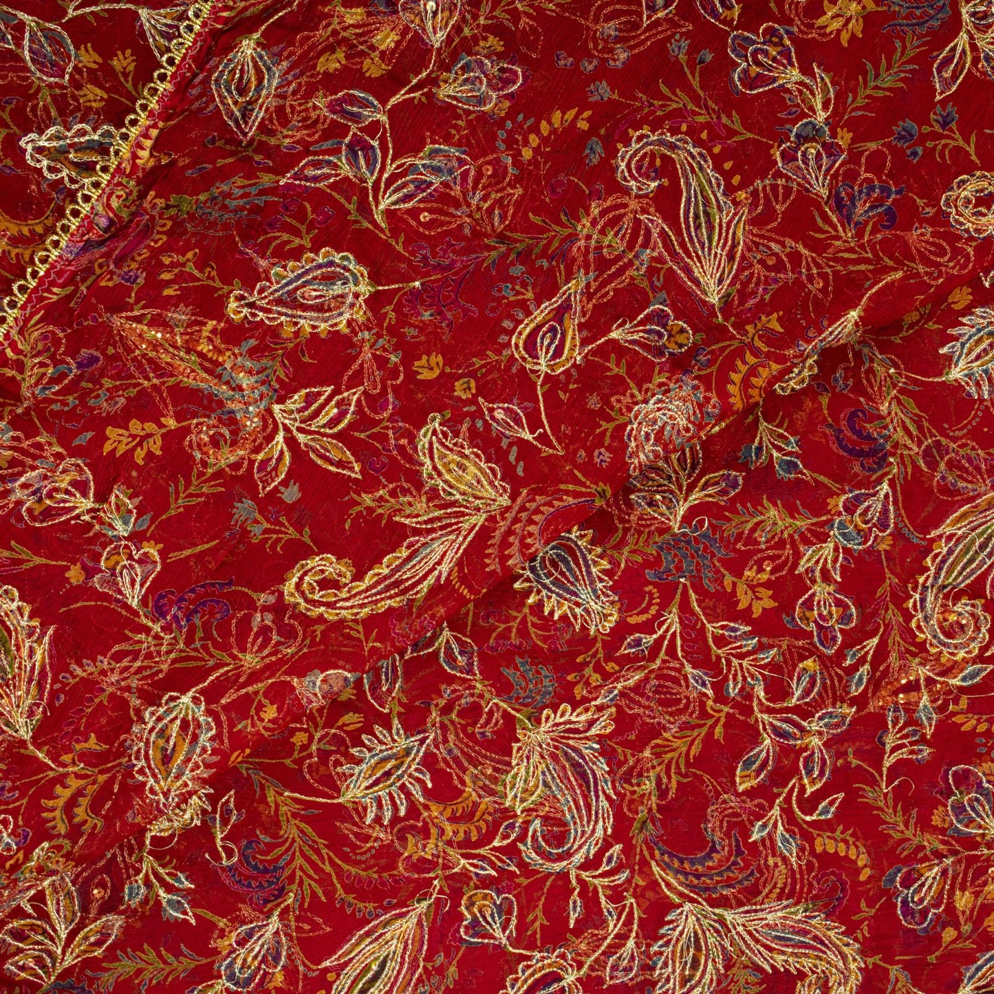 Sanskriti Vintage Red Pure Chiffon Silk Dupatta Stole Embroidered Zari Sequins