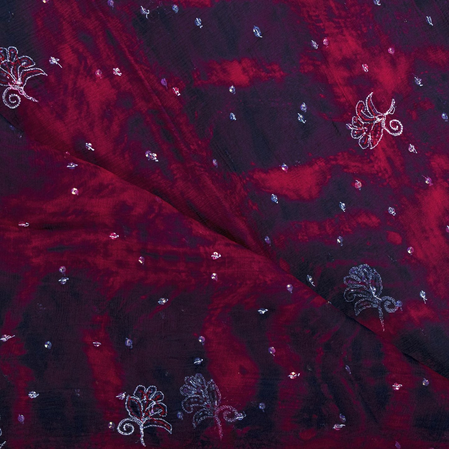 Sanskriti Vintage Dupatta Stole Blue-Red Pure Chiffon Tie-Dye & Hand Embroidered