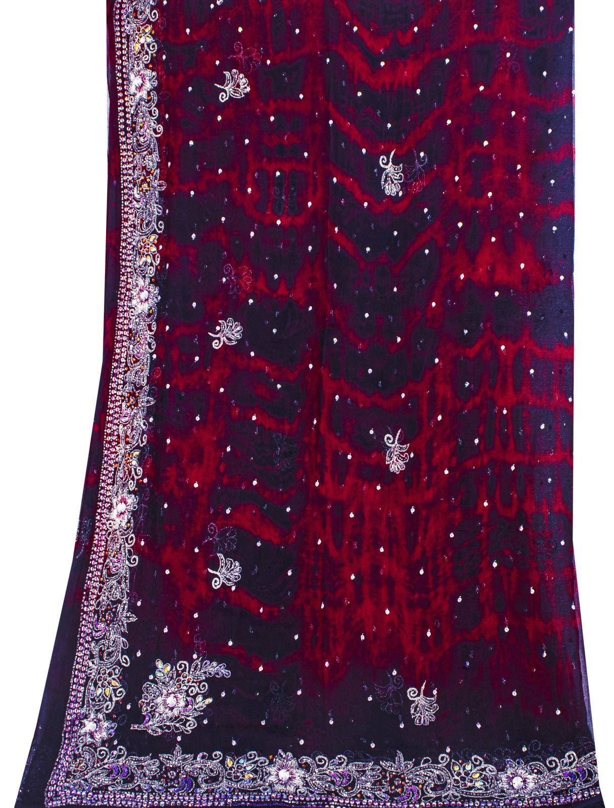 Sanskriti Vintage Dupatta Stole Blue-Red Pure Chiffon Tie-Dye & Hand Embroidered