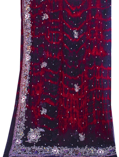 Sanskriti Vintage Dupatta Stole Blue-Red Pure Chiffon Tie-Dye & Hand Embroidered