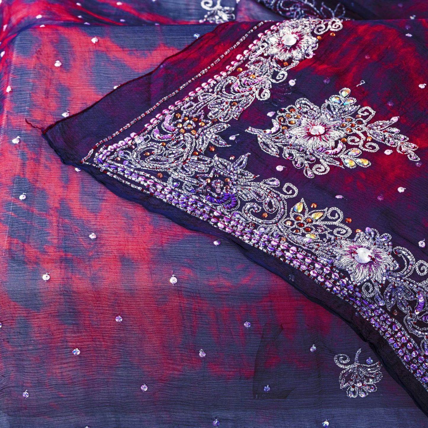 Sanskriti Vintage Dupatta Stole Blue-Red Pure Chiffon Tie-Dye & Hand Embroidered